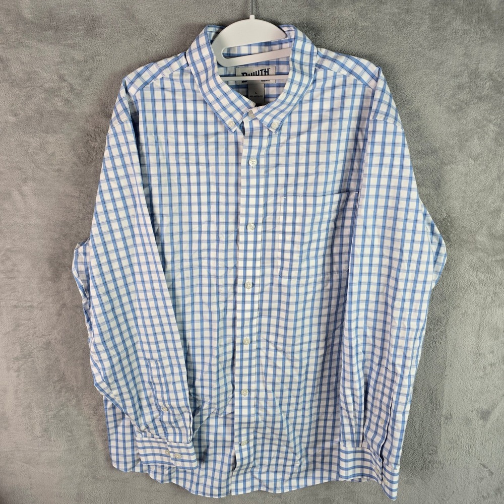 Duluth Trading Co Mens Relaxed Fit Plaid Button Down Shirt Blue White Large L